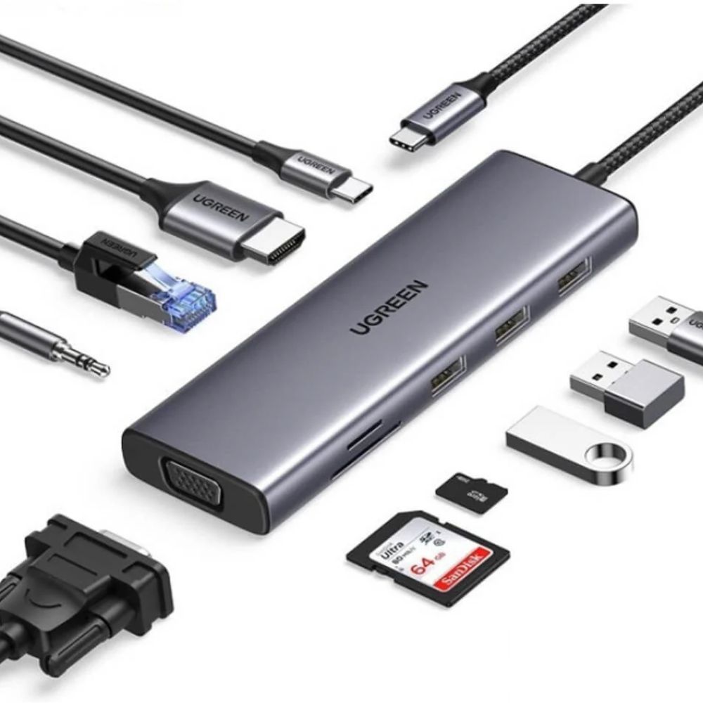 Hub Chuyển Đổi Ugreen USB Type-C 15601 (HDMI VGA 3x USB-ALANSạc PD 100WSDTF) (1) Hub Chuyển Đổi Ugreen USB Type-C 15601 (HDMI/ VGA/ 3x USB-A/LAN/Sạc PD 100W/SD/TF) - Ảnh 1